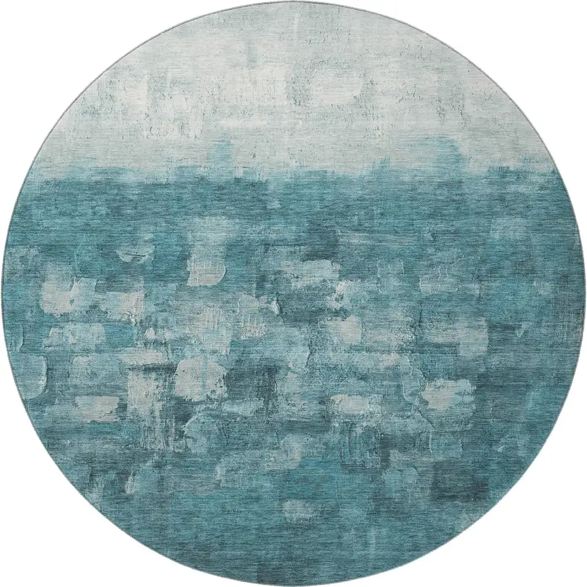 8' Teal And Ivory Abstract Washable Round Rug With UV Protection Photo 4
