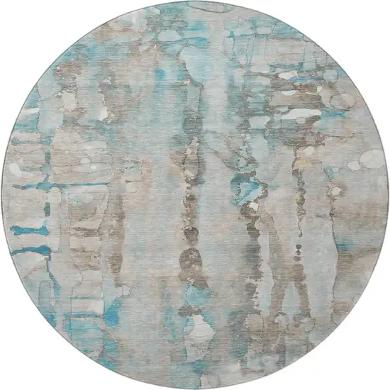 8' Teal And Ivory Abstract Washable Round Rug With UV Protection Photo 3