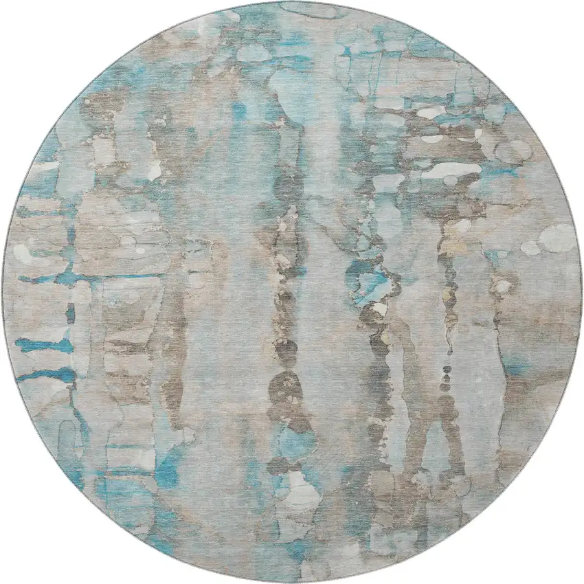 8' Teal And Ivory Abstract Washable Round Rug With UV Protection Photo 3