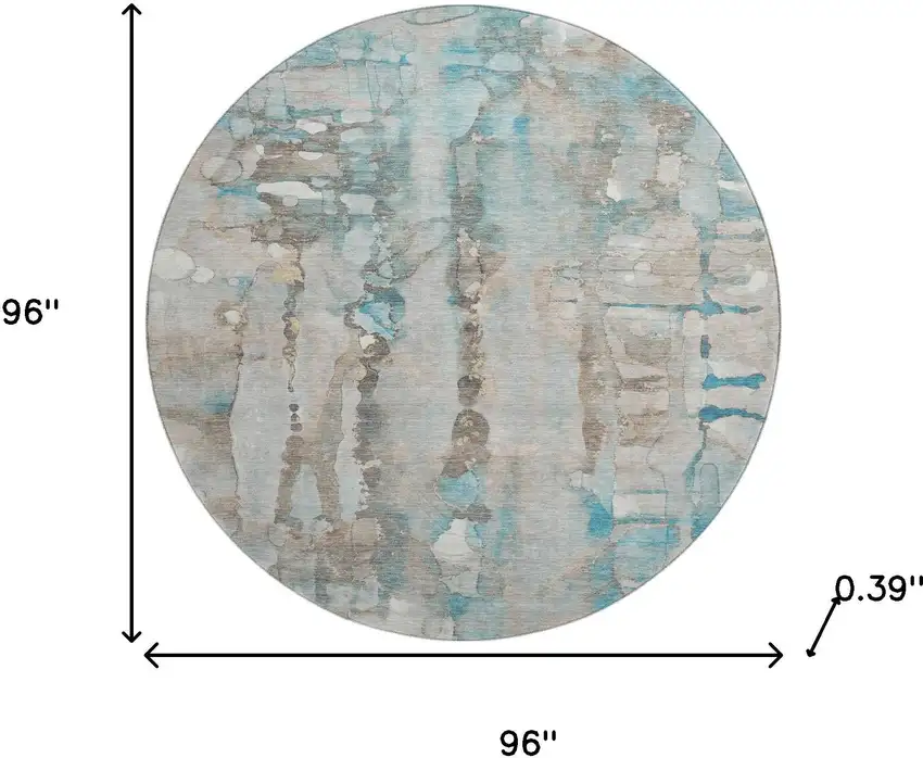 8' Teal And Ivory Abstract Washable Round Rug With UV Protection Photo 7