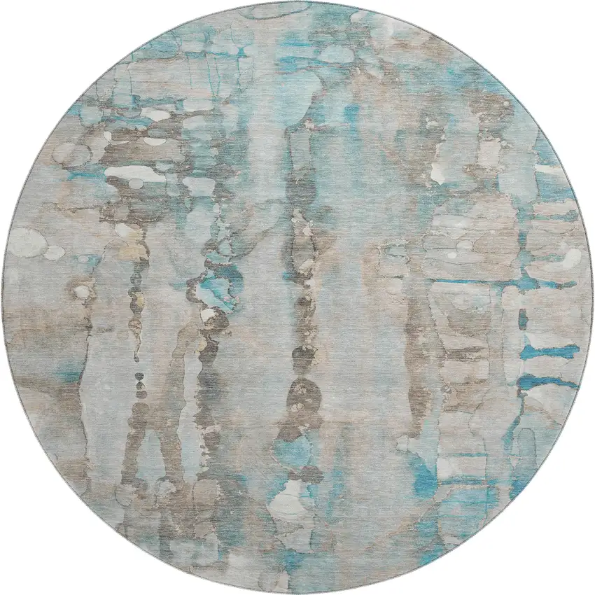 8' Teal And Ivory Abstract Washable Round Rug With UV Protection Photo 1