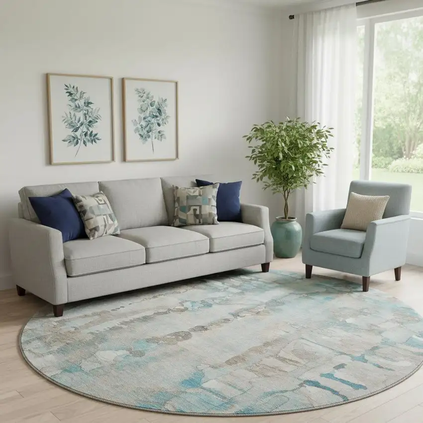 8' Teal And Ivory Abstract Washable Round Rug With UV Protection Photo 1