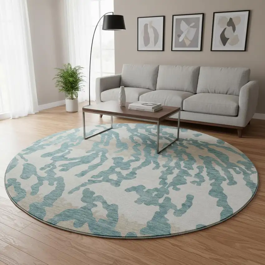 8' Teal And Ivory Animal Print Washable Round Rug With UV Protection Photo 2