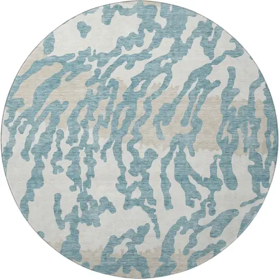 8' Teal And Ivory Animal Print Washable Round Rug With UV Protection Photo 4
