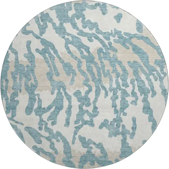 8' Teal And Ivory Animal Print Washable Round Rug With UV Protection Photo 1