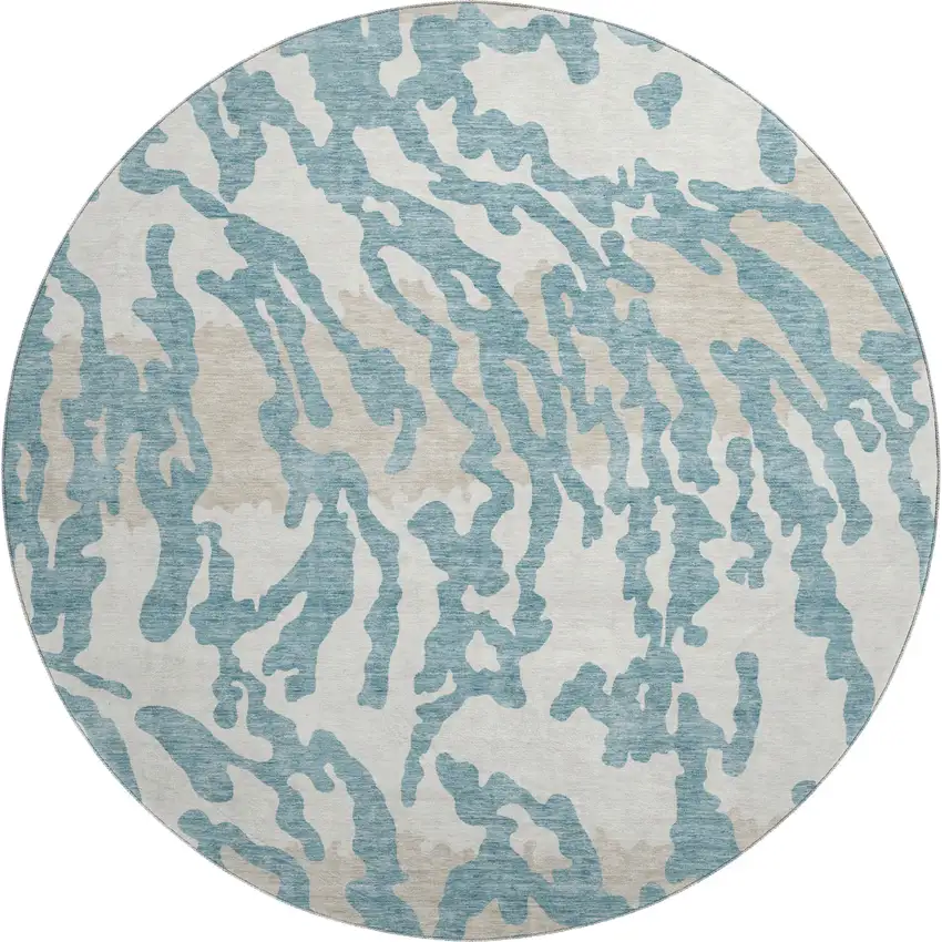 8' Teal And Ivory Animal Print Washable Round Rug With UV Protection Photo 1