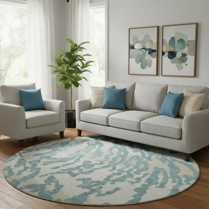 8' Teal And Ivory Animal Print Washable Round Rug With UV Protection Photo 1