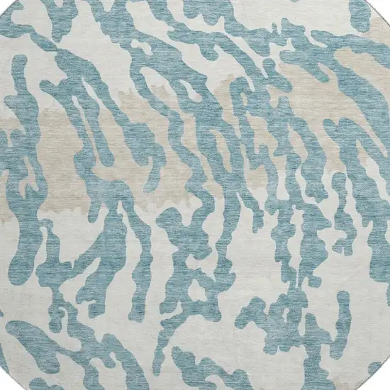 8' Teal And Ivory Animal Print Washable Round Rug With UV Protection Photo 3