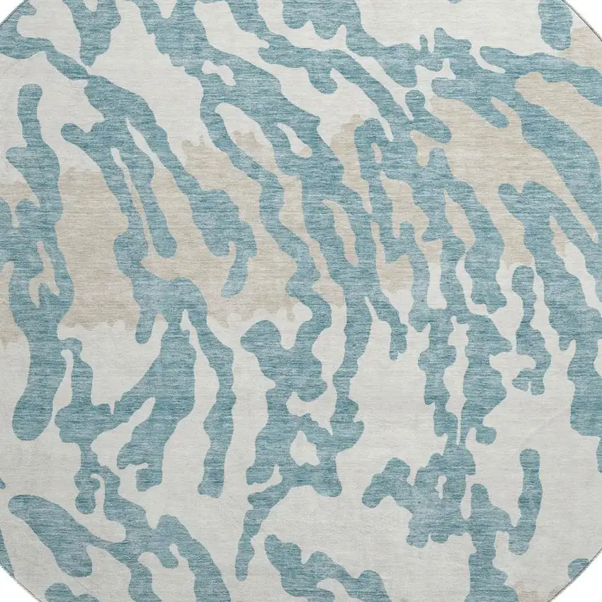 8' Teal And Ivory Animal Print Washable Round Rug With UV Protection Photo 3