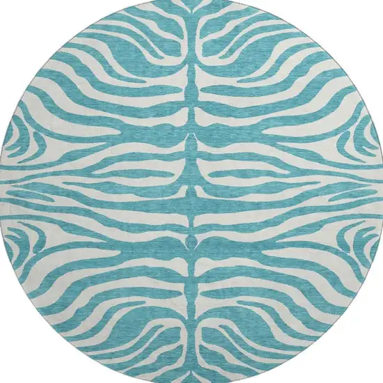 8' Teal And Ivory Animal Print Washable Round Rug With UV Protection Photo 3