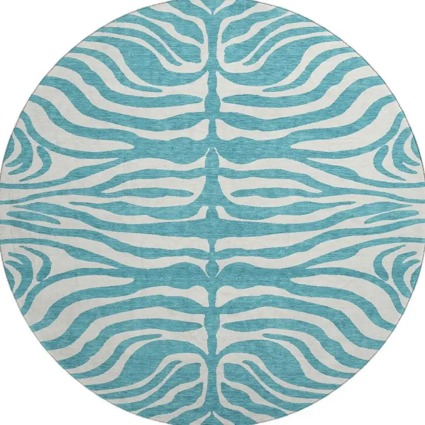 8' Teal And Ivory Animal Print Washable Round Rug With UV Protection Photo 3