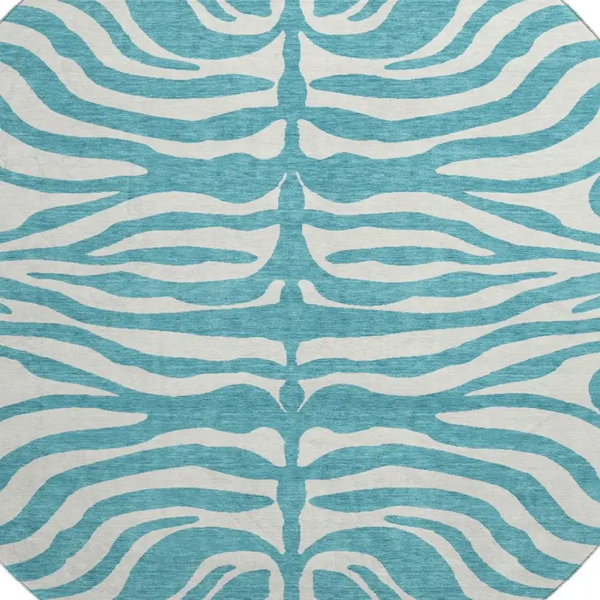 8' Teal And Ivory Animal Print Washable Round Rug With UV Protection Photo 2