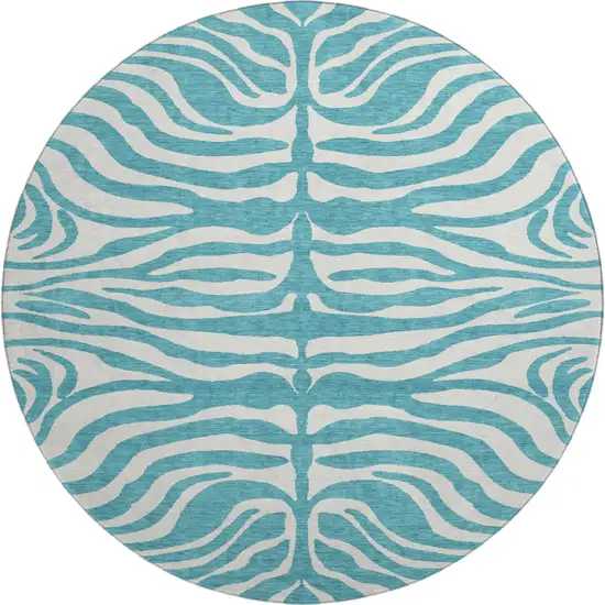 8' Teal And Ivory Animal Print Washable Round Rug With UV Protection Photo 1
