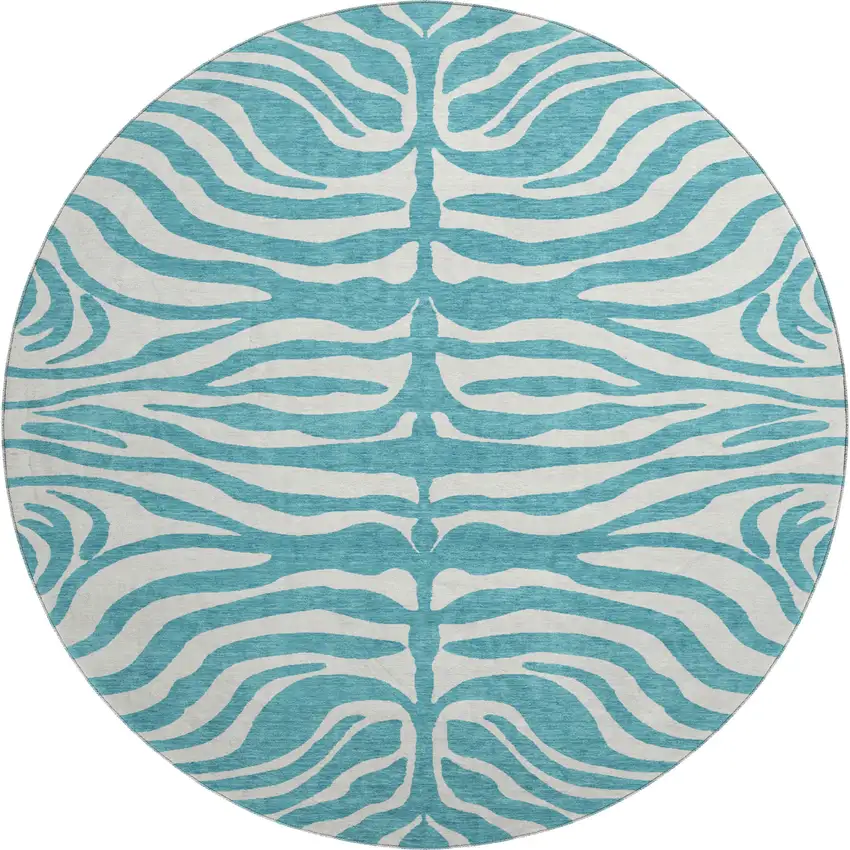 8' Teal And Ivory Animal Print Washable Round Rug With UV Protection Photo 1