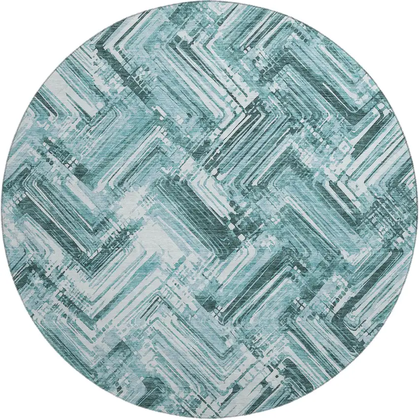 8' Teal And Ivory Chevron Washable Round Rug With UV Protection Photo 1