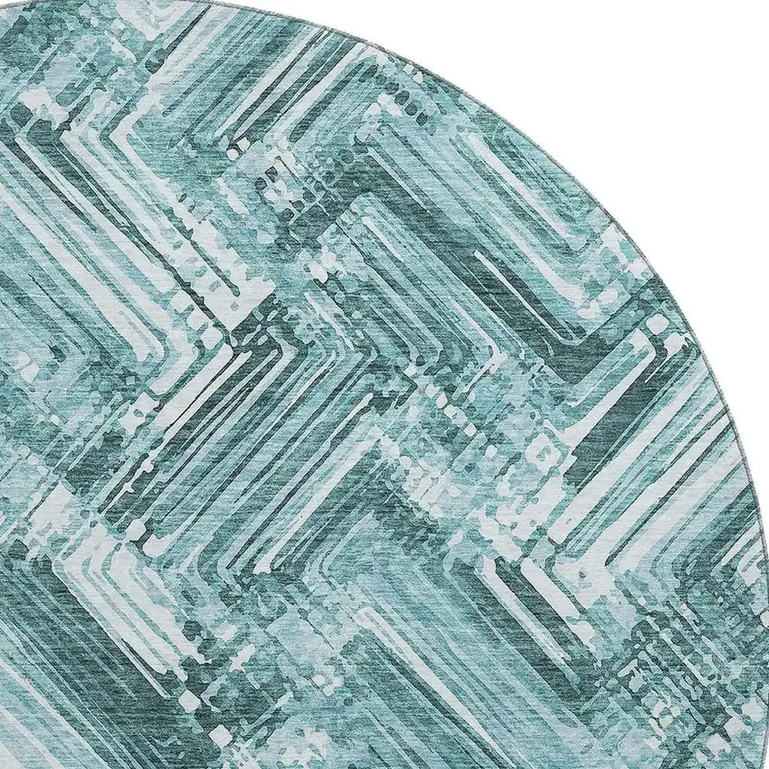 8' Teal And Ivory Chevron Washable Round Rug With UV Protection Photo 3