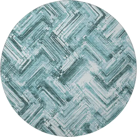 8' Teal And Ivory Chevron Washable Round Rug With UV Protection Photo 4