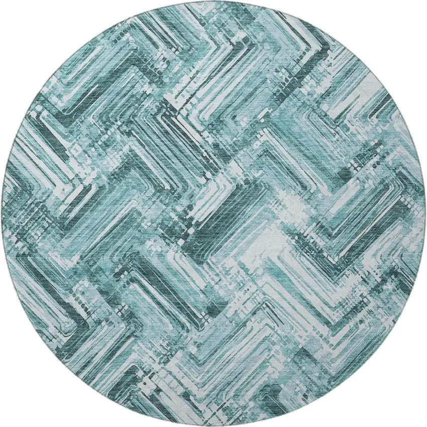 8' Teal And Ivory Chevron Washable Round Rug With UV Protection Photo 4