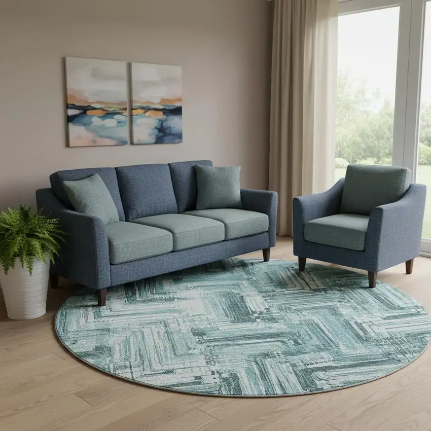 8' Teal And Ivory Chevron Washable Round Rug With UV Protection Photo 1