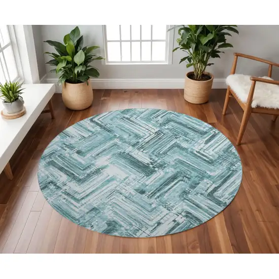 8' Teal And Ivory Chevron Washable Round Rug With UV Protection Photo 2