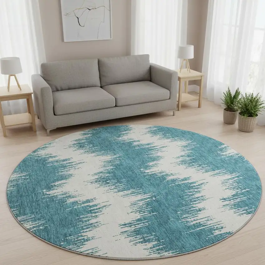 8' Teal And Ivory Chevron Washable Round Rug With UV Protection Photo 2