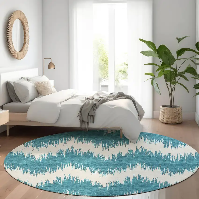 8' Teal And Ivory Chevron Washable Round Rug With UV Protection Photo 5