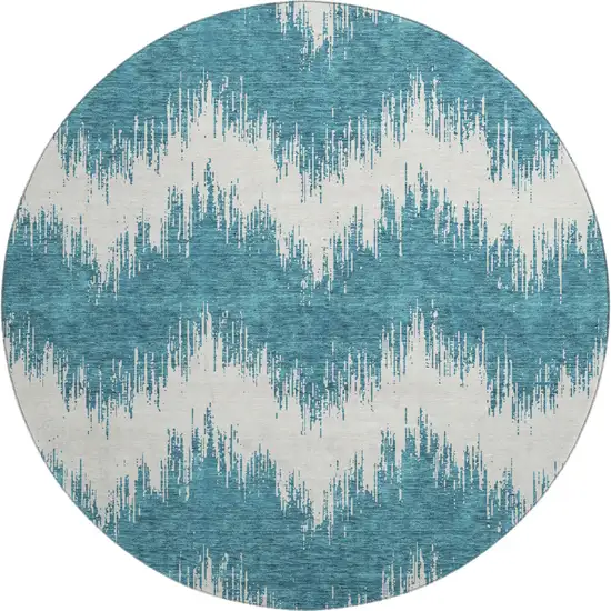 8' Teal And Ivory Chevron Washable Round Rug With UV Protection Photo 1
