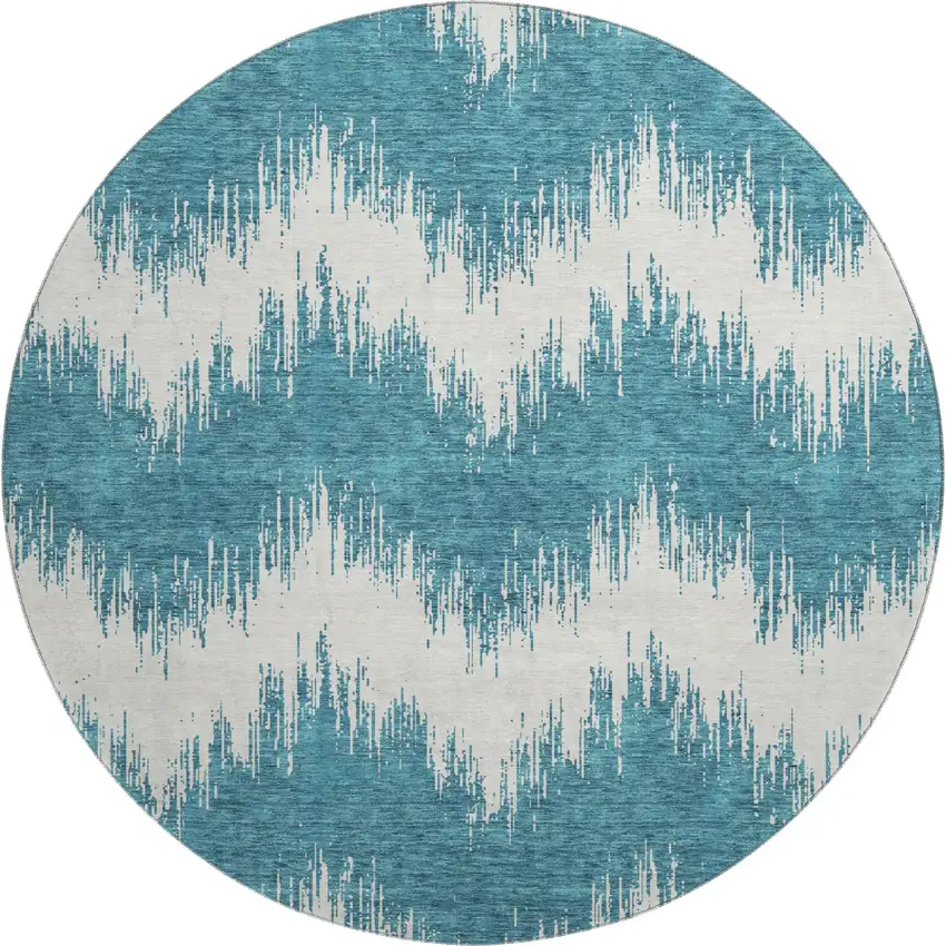 8' Teal And Ivory Chevron Washable Round Rug With UV Protection Photo 1