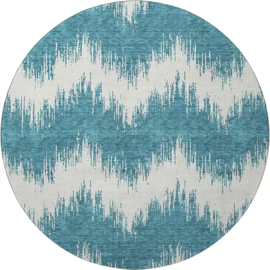 8' Teal And Ivory Chevron Washable Round Rug With UV Protection Photo 4