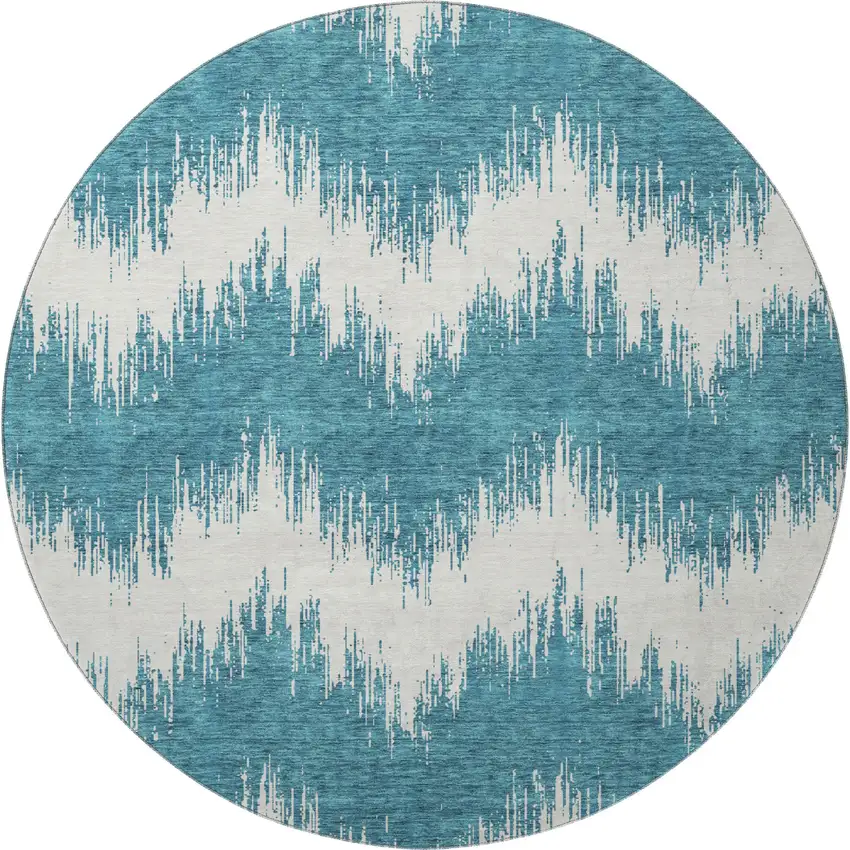 8' Teal And Ivory Chevron Washable Round Rug With UV Protection Photo 4