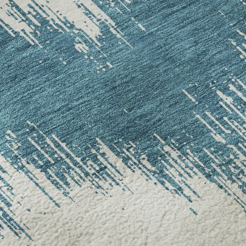 8' Teal And Ivory Chevron Washable Round Rug With UV Protection Photo 9