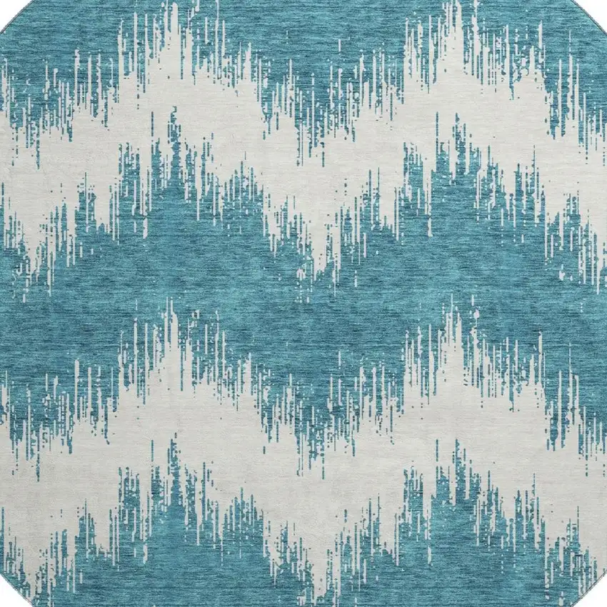8' Teal And Ivory Chevron Washable Round Rug With UV Protection Photo 3
