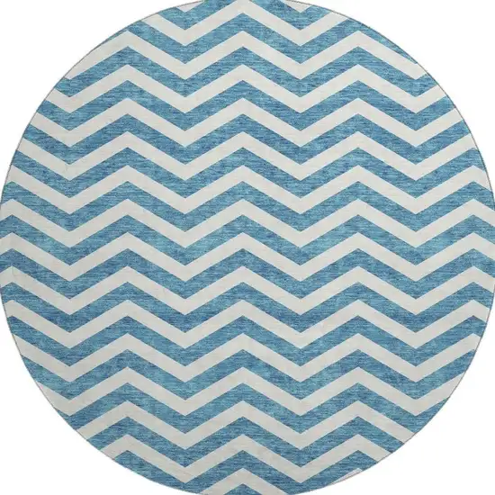 8' Teal And Ivory Chevron Washable Round Rug With UV Protection Photo 2