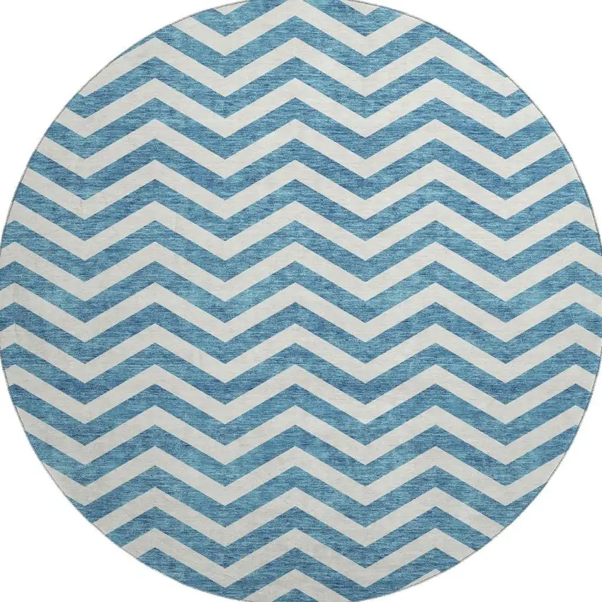 8' Teal And Ivory Chevron Washable Round Rug With UV Protection Photo 2