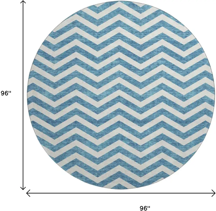 8' Teal And Ivory Chevron Washable Round Rug With UV Protection Photo 9