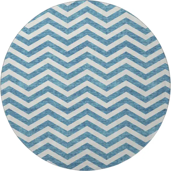 8' Teal And Ivory Chevron Washable Round Rug With UV Protection Photo 3