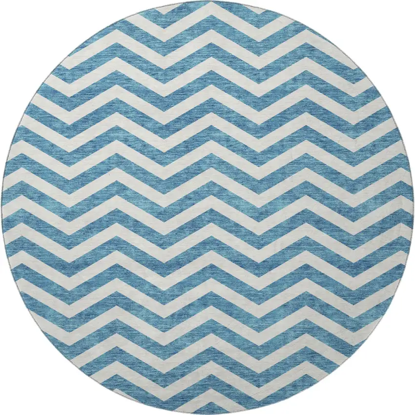 8' Teal And Ivory Chevron Washable Round Rug With UV Protection Photo 3
