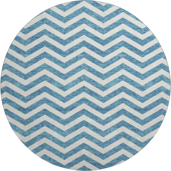 8' Teal And Ivory Chevron Washable Round Rug With UV Protection Photo 1