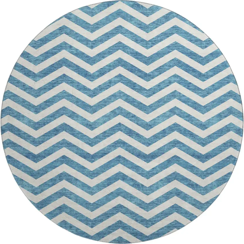 8' Teal And Ivory Chevron Washable Round Rug With UV Protection Photo 1