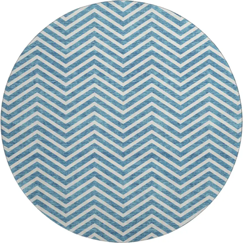 8' Teal And Ivory Chevron Washable Round Rug With UV Protection Photo 1