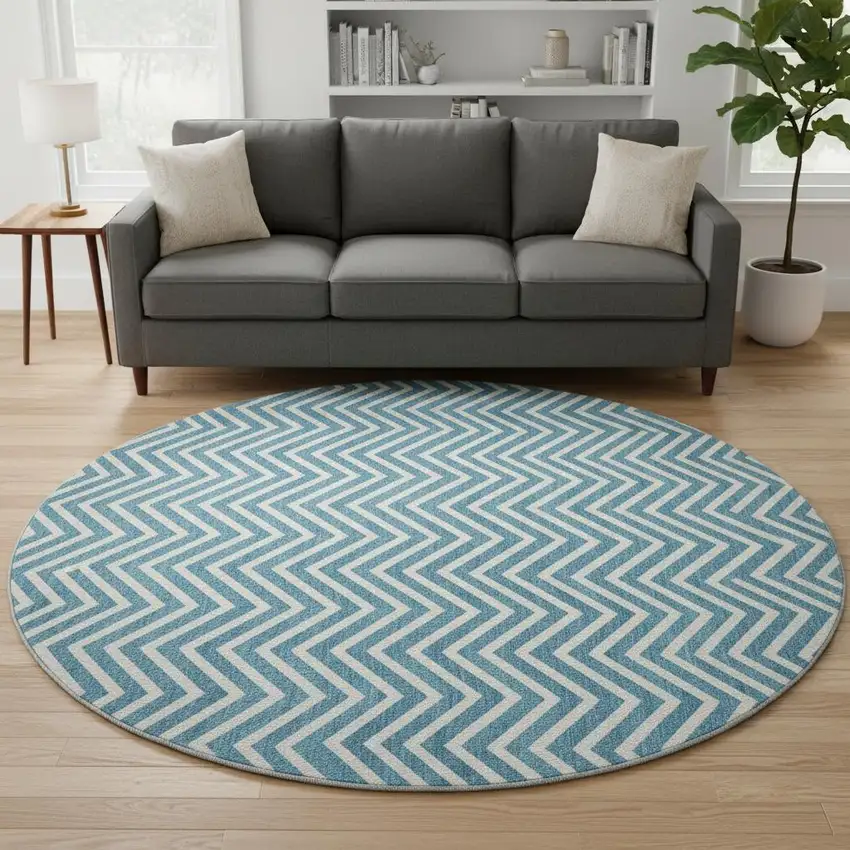 8' Teal And Ivory Chevron Washable Round Rug With UV Protection Photo 2
