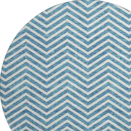 8' Teal And Ivory Chevron Washable Round Rug With UV Protection Photo 2