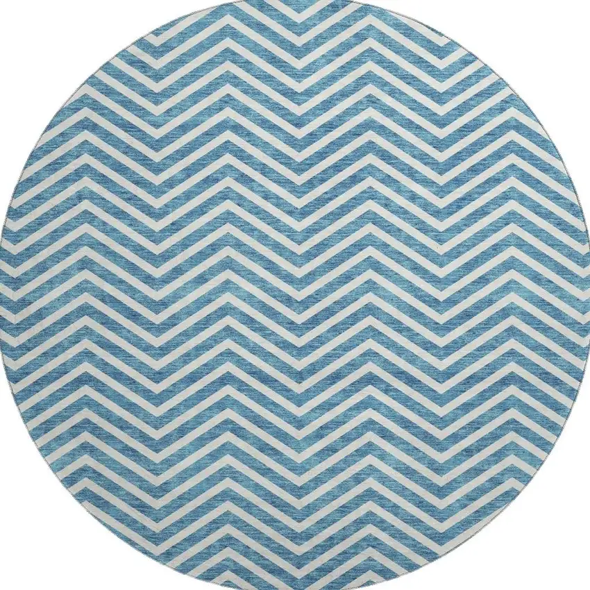 8' Teal And Ivory Chevron Washable Round Rug With UV Protection Photo 3