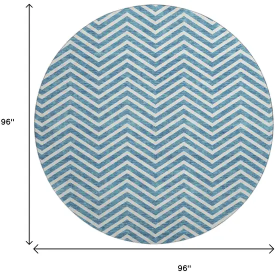 8' Teal And Ivory Chevron Washable Round Rug With UV Protection Photo 9