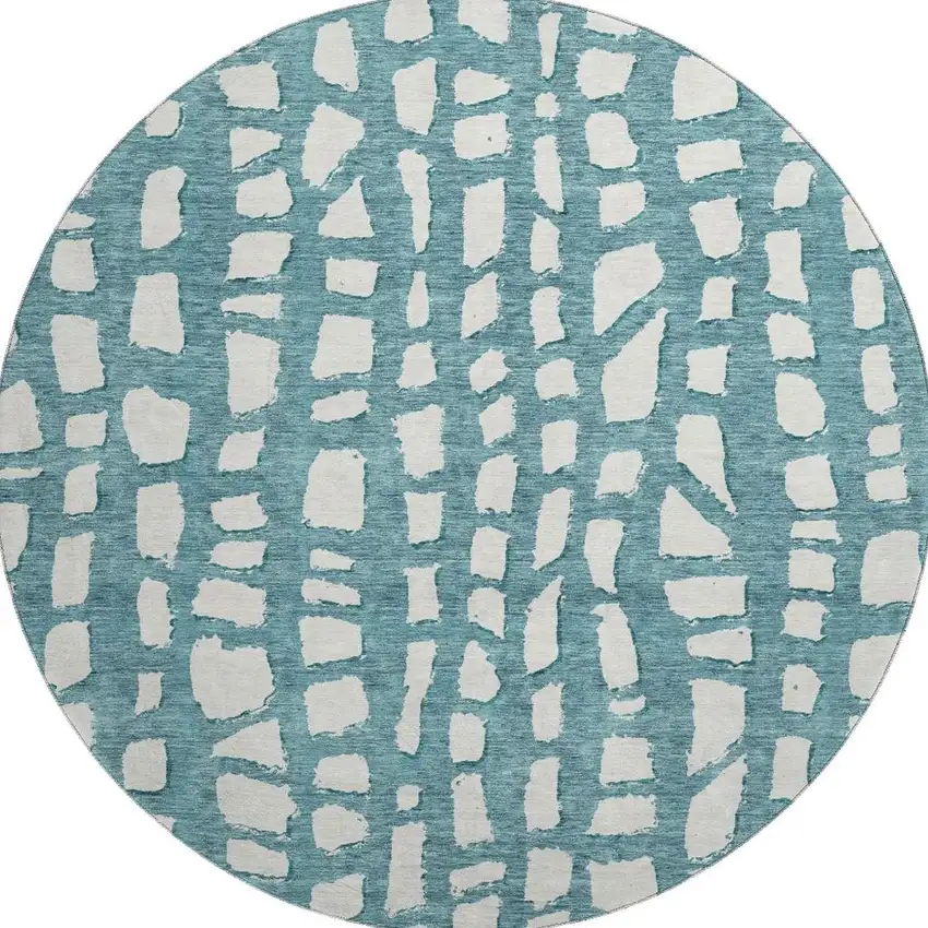 8' Teal And Ivory Cobblestone Washable Round Rug With UV Protection Photo 4