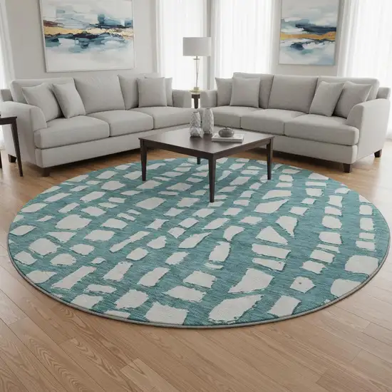 8' Teal And Ivory Cobblestone Washable Round Rug With UV Protection Photo 2