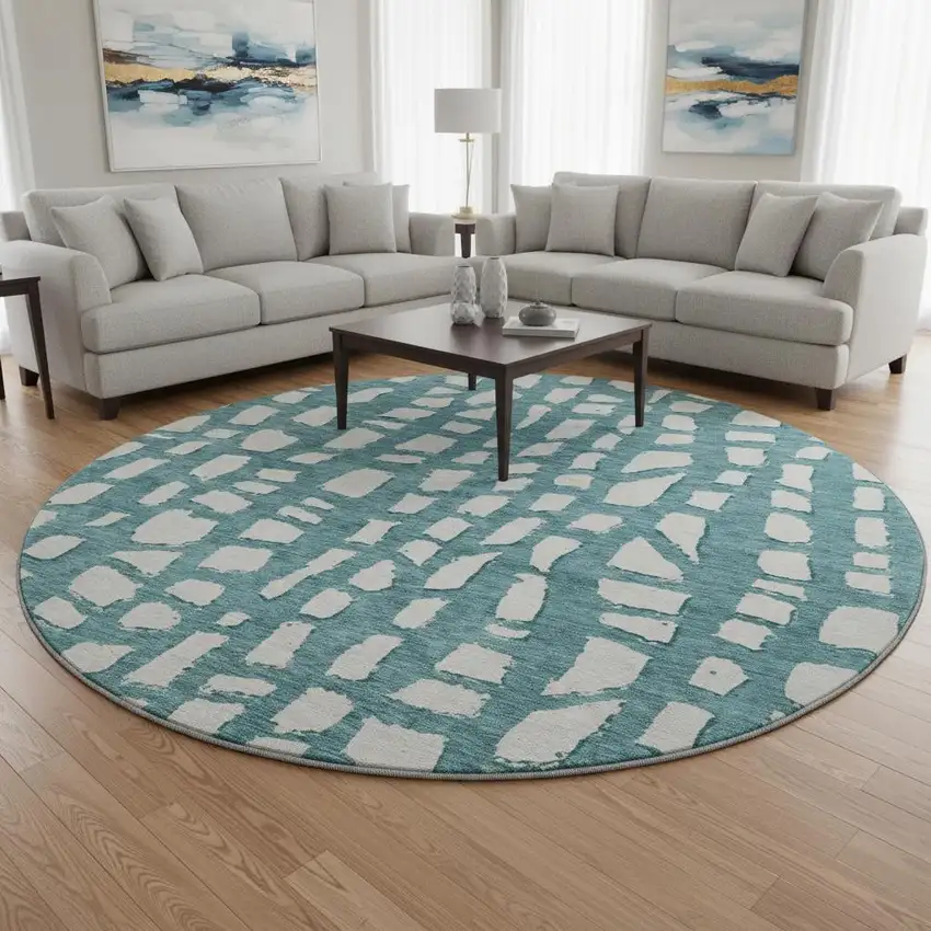 8' Teal And Ivory Cobblestone Washable Round Rug With UV Protection Photo 2