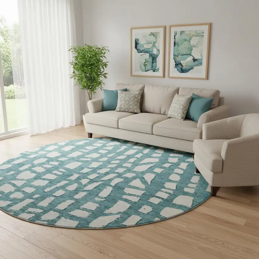 8' Teal And Ivory Cobblestone Washable Round Rug With UV Protection Photo 1