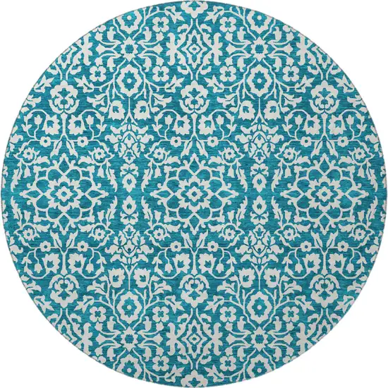 8' Teal And Ivory Damask Washable Round Rug With UV Protection Photo 4