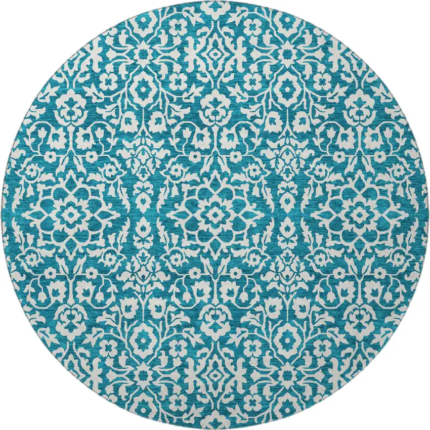 8' Teal And Ivory Damask Washable Round Rug With UV Protection Photo 4